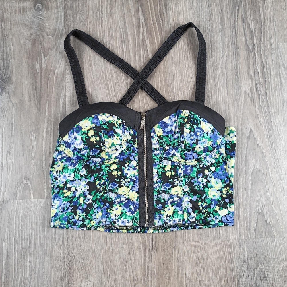 Oh Yes Y2K Blue Flower Print Cross Straps Full Zip Bralette‎ Crop Top Large Pad